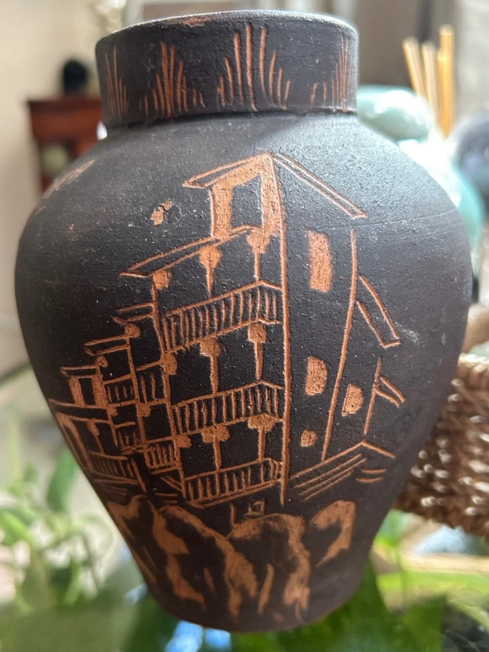 Vintage Signed Cuenca Hand Etched Black Studio Pottery Vase Matte Black Sgraffit